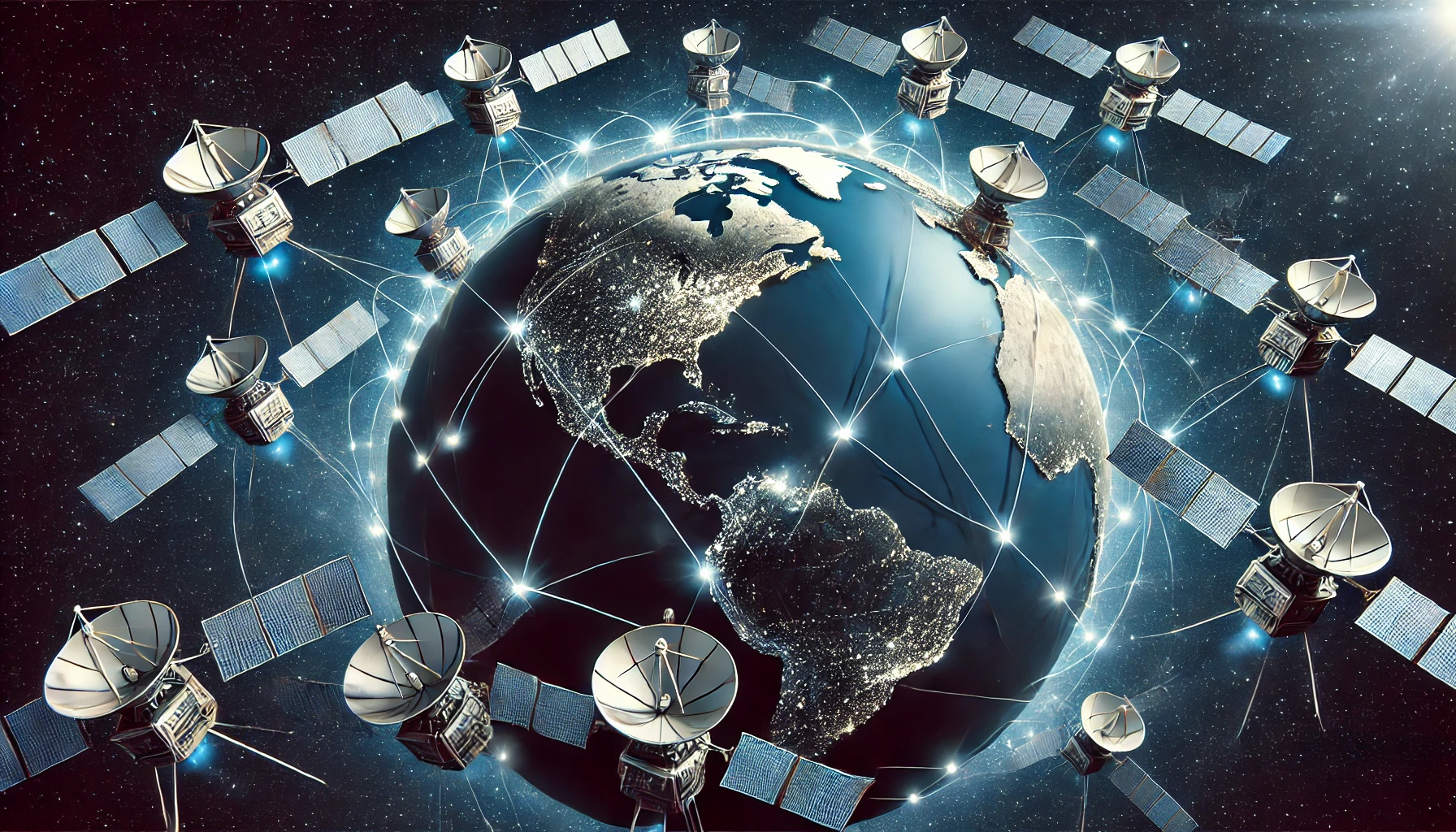 DALL·E-2024-06-26-10.50.34-Illustration-showing-Starlink-satellites-in-Low-Earth-Orbit-LEO-around-the-Earth.-The-illustration-should-depict-multiple-satellites-with-small-dish.webp