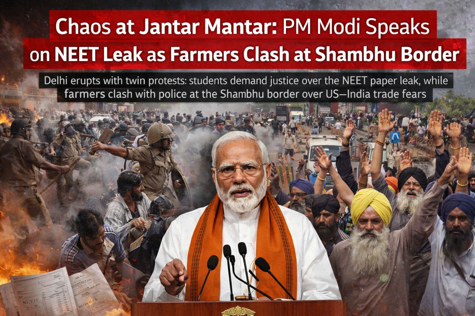 Chaos at Jantar Mantar: PM Modi Speaks on NEET Leak as Farmers Clash at Shambhu Border