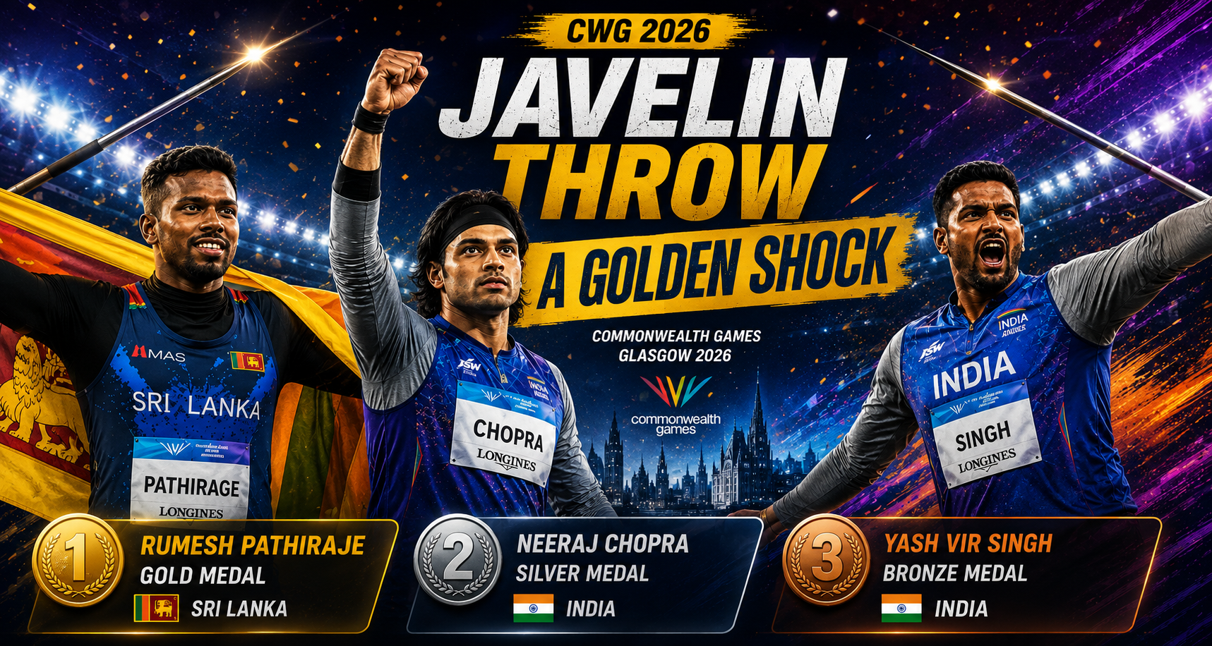 Rumesh Pathirage’s Golden Shock: Neeraj Chopra Takes Silver, Yashvir Singh Seals Bronze at Commonwealth Games 2026