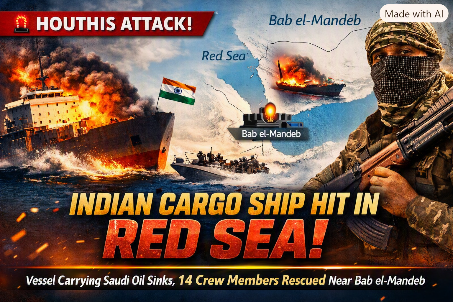 Houthis’ Suicide Strike on India‑Flagged Cargo Ship Near Bab el‑Mandeb - Red Sea Vessel Carrying Saudi Oil Sinks, 14 Crew Members Survive