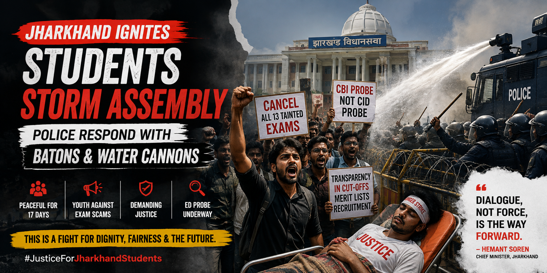 🔥 Jharkhand Ignites: Students Storm Assembly, Police Respond with Batons & Water Cannons