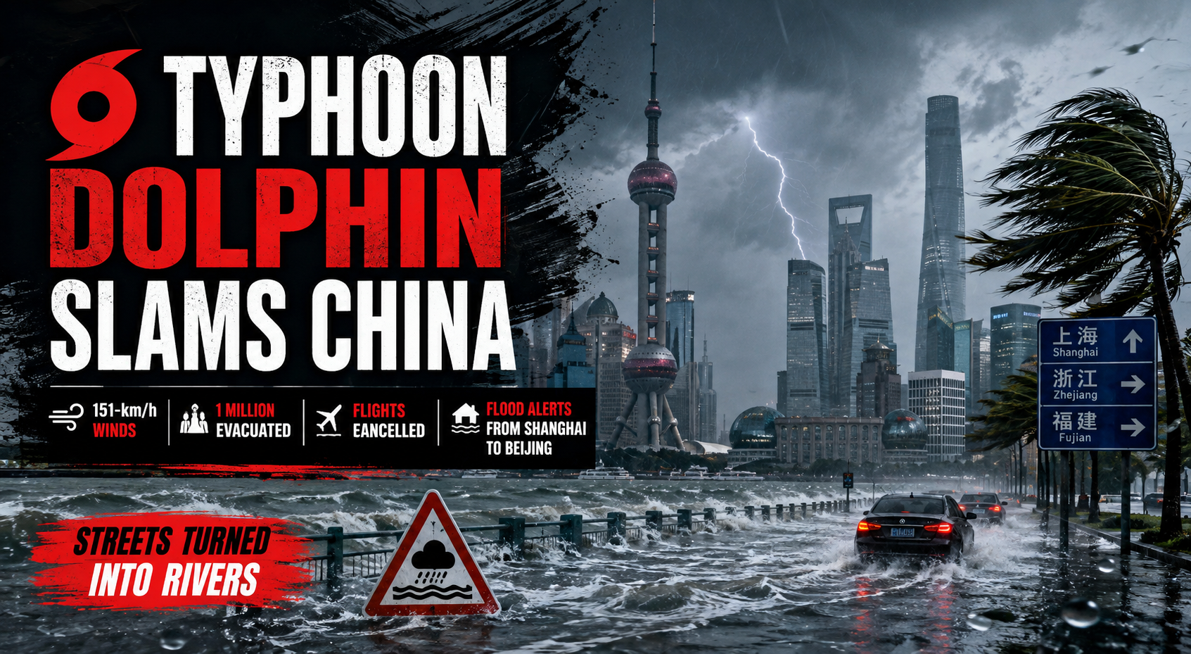 🌪 Typhoon Dolphin Slams China: 151 km/h Winds, 1 Million Evacuated, Flights Cancelled & Flood Alerts Rock Shanghai to Beijing