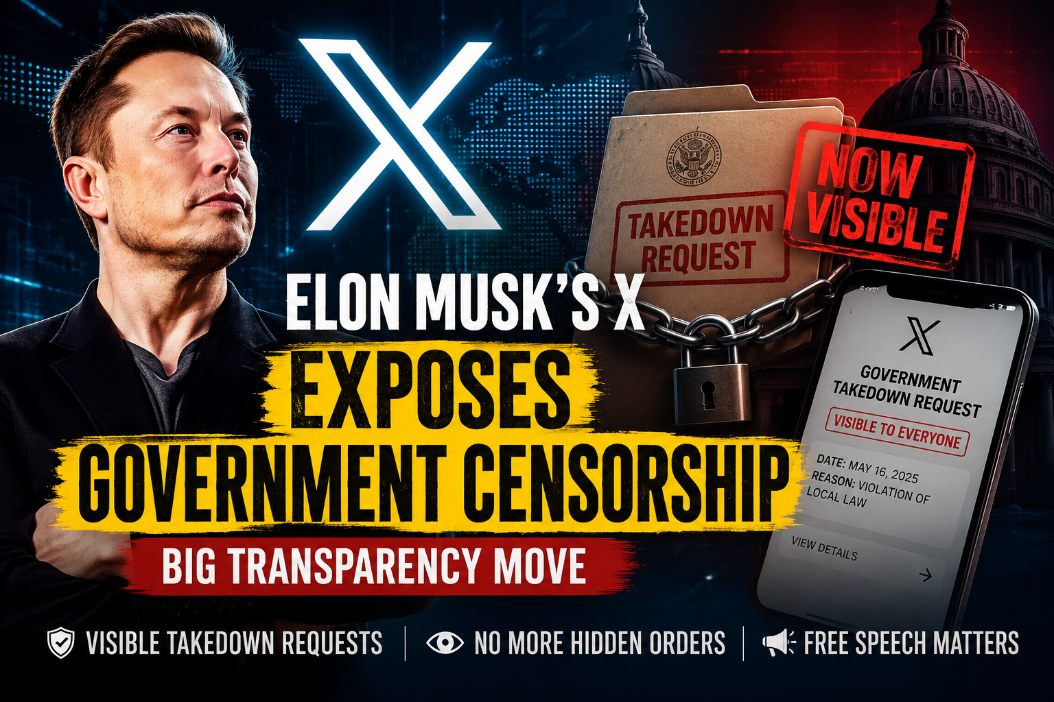 🚨 Elon Musk’s X Exposes Government Censorship: Big Transparency Move Makes Removal Requests Visible to Users