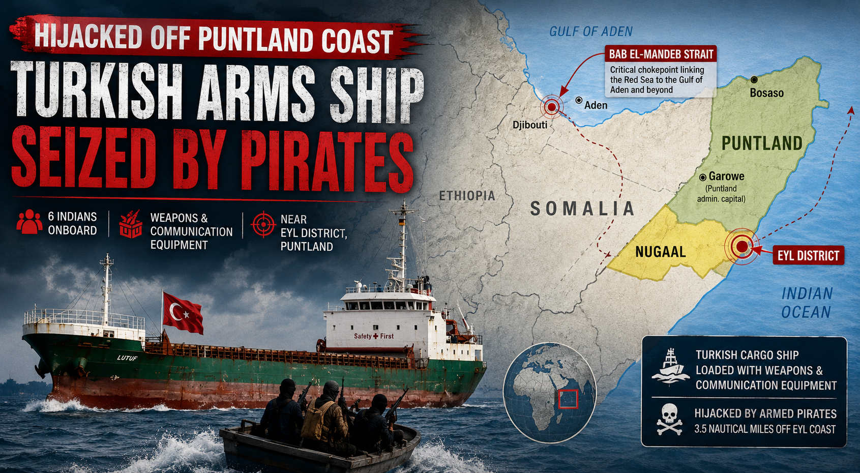 🚨 Pirates Hijack Cameroon Flagged Turkish Arms Ship Off Somalia Coast - Six Indians Among Crew