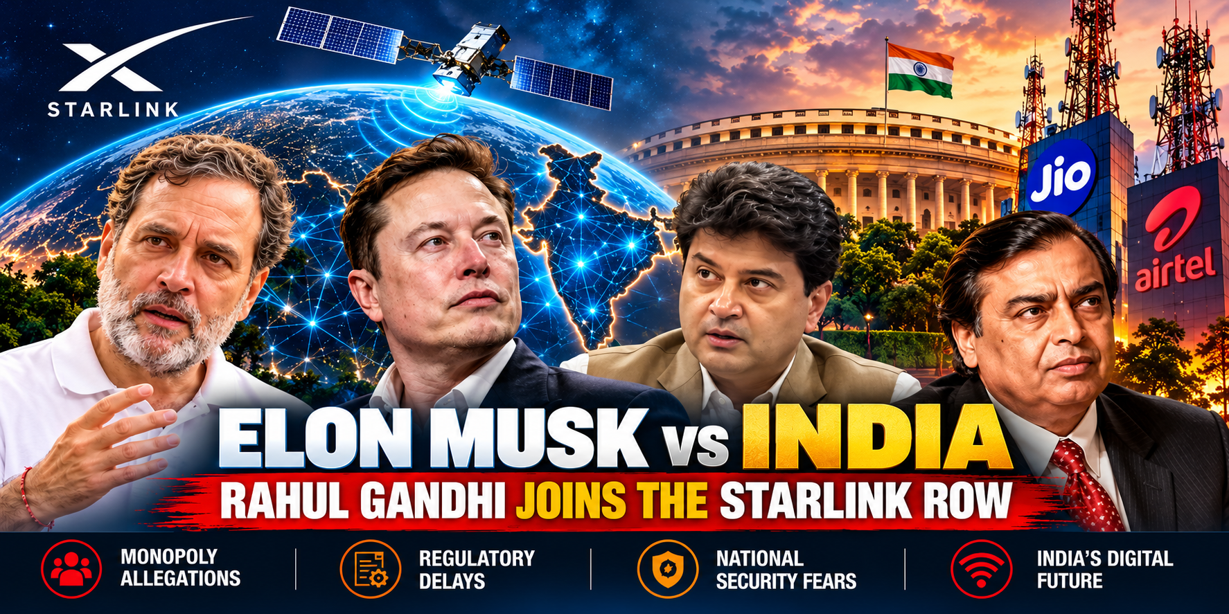 Elon Musk and Rahul Gandhi Target Ambani-Adani as Starlink Delay Sparks Monopoly Allegations, Security Fears, and a Battle for India’s Digital Future